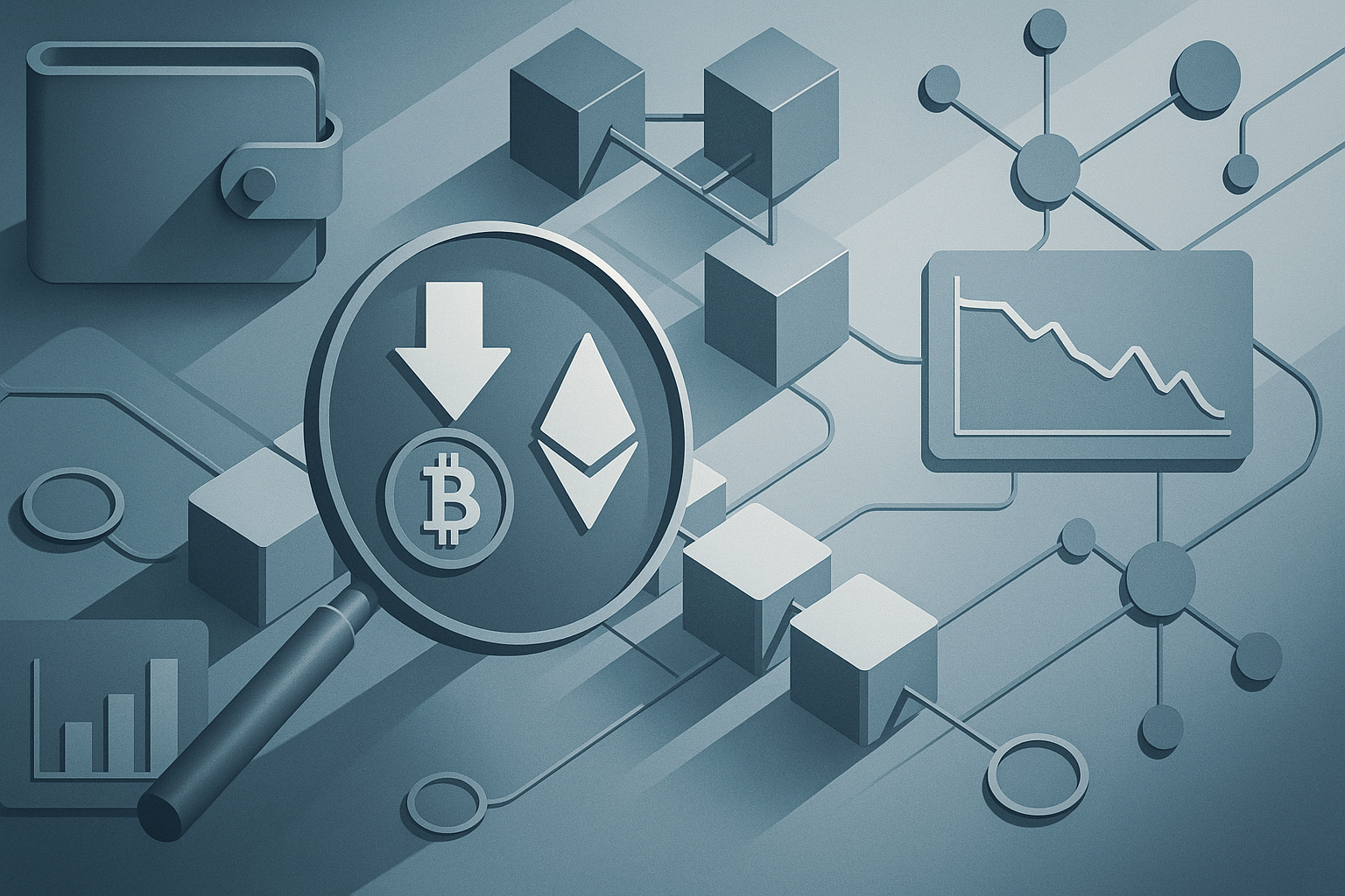 Editorial illustration for: Bitcoin and Ethereum Fall Toward Three-Month Lows in Selloff